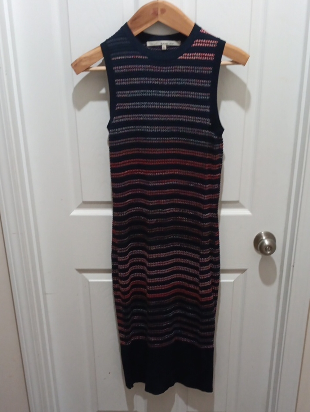 RACHEL Rachel Roy Navy Midi Dress with Pink and Red Stripes